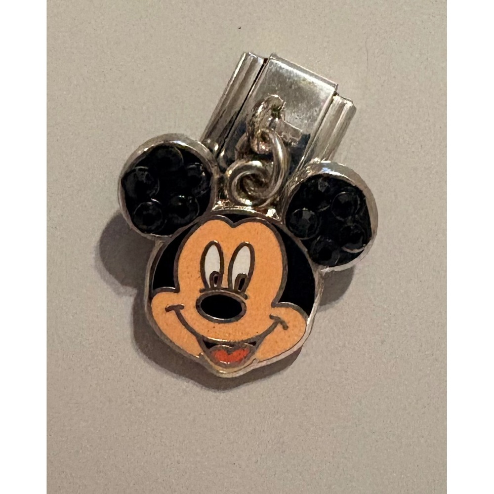 Disney Mickey Mouse Italian Charm‎ Link Enamel With Black Crystals Silver Tone